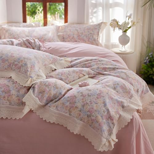 LifeTB Pink Floral Duvet Cover Set Full, Romantic Ruffle Comforter Cover Princess Lace Bedding Set, Breathable Soft Muslin Cotton Duvet Cover, Botanical Flower Gauze Comforter Cover Full Size