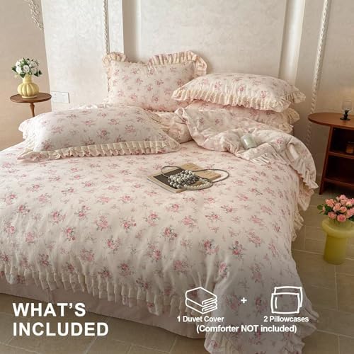 Boho Floral Duvet Cover Set Queen Size 3 Pcs,Pink Flower 100% Cotton Muslin Gauze Bedding Set with Lace Ruffles,Breathable Lightweight Comforter Covers with 2 Pillowcases 90"×90"