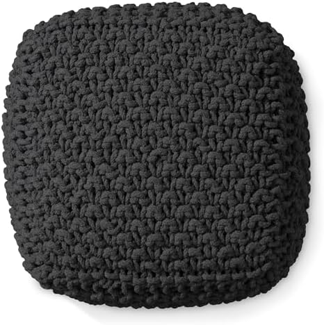 Casafield Square Pouf Ottoman, Black - 18.5" W x 18.5" D x 14.5" H Cotton Knit Foot Stool - Boho Floor Pouffe for Living Room, Bedroom, Home Office
