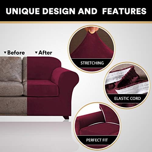 PrinceDeco Velvet Plush Couch Cover Stretch 2 Piece Chair Cover Chair Slipcover Washable Furniture Protector Couch Soft with Elastic Bottom Armchair Cover Width Up to 49 Inch(Small, Burgundy)