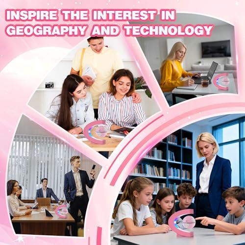 Magnetic Levitation Floating Globes with LED Lights, C Frame Floating Globe Lamp, Cool tech Gadgets for Home Office Desk Accessories, Gifts for Women, Ladies, Girls, Teachers, Colleagues(Pink)