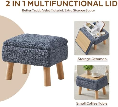 Storage Ottoman, Small Foot Stool Ottoman with Storage, Teddy Velvet Foot Rest with Wood Legs, Footstool for Living Room, Bedroom, Entryway, Blue