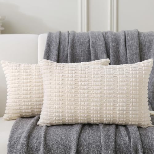2 Pack Corduroy Decorative Throw Pillow with Inserts, 18x18 Inch Soft Boho Throw Pillow, Square Striped Throw Pillows for Couch, Bed, Sofa Decor (Beige, 12" x 20" (with Inserts))