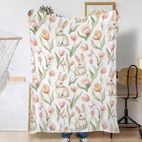 Cute Rabbit Easter Sofa Throw Blankets,Pink Tulip Flower Soft Cozy Fuzzy Lightweight Travel Blanket,Flannel Fleece Fall Throw Blanket for Couch,Bed,Camping,Movie Nights,Watching TV 40 X 50 Inch