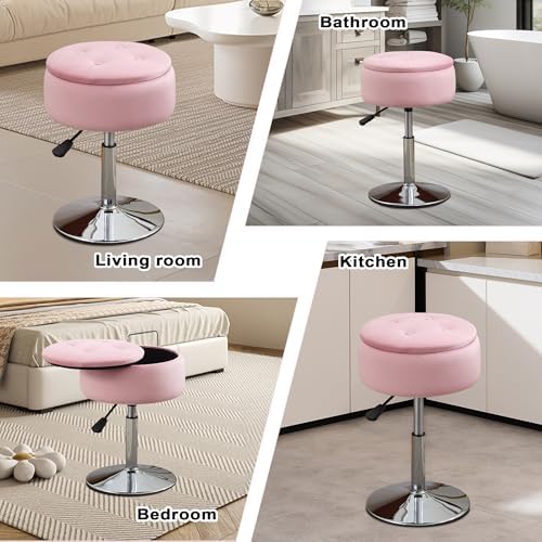 Pink Swivel Vanity Stool With Storage Vanity Chair for Makeup Room Ottoman