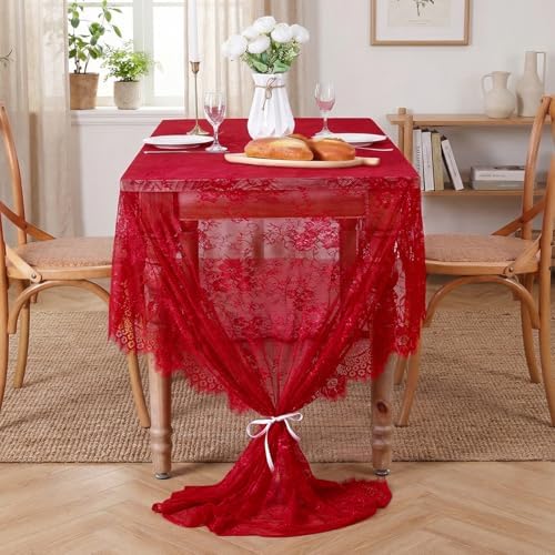 Red Lace Tablecloth 60x120 Inch Rectangular Embroidered Floral Table Cover