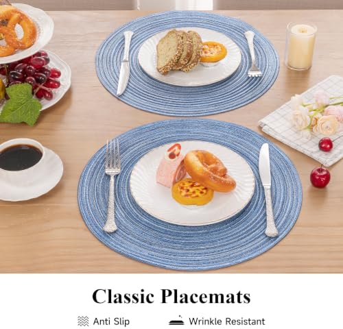 SHACOS Round Braided Placemats Set of 6 Circle Place Mats Kitchen Table Mats for Dining Table Wedding Party (Blue Gray, 6)
