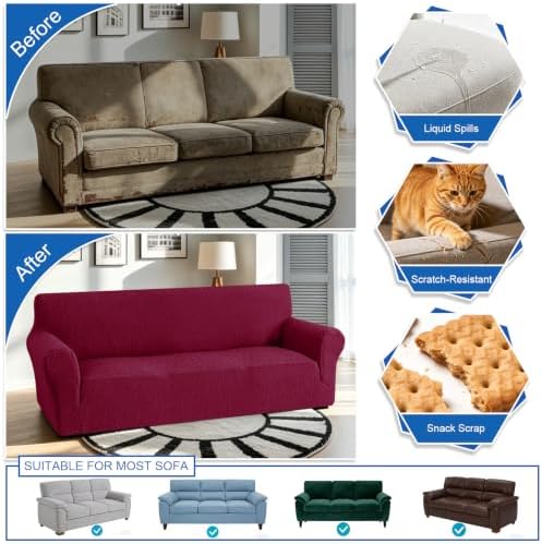 MAXIJIN Waterproof Oversized Couch Covers (91"-110"), Stretch Extra Large Sofa Cover Slipcovers with Non Slip Elastic Bottom, Pet Friendly Furniture Protector Washable (X-Large, Wine Red)