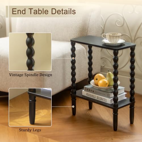 Fultyle Black Narrow Side Table, Narrow End Table with Shelf, Bedside Table