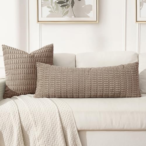 MIULEE Lumbar Corduroy Throw Pillow Cover for Bed 14x36 Light Brown