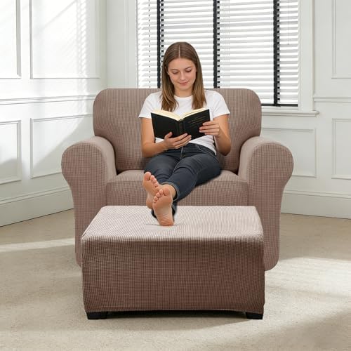 3 Piece Stretch Matching Chair and Ottoman Slipcover Set, Jacquard Arm Chair/Ottoman/Fitted Seat Covers, Non-Slip Accent Armchair and Foot Stool Slip Cover (Khaki,3 Pieces Set)