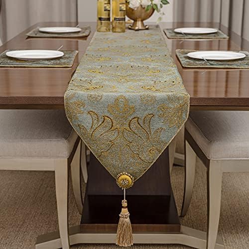Loom and Mill Luxury Chenille Damask Table Runner 90 inches Long, Blue Gold