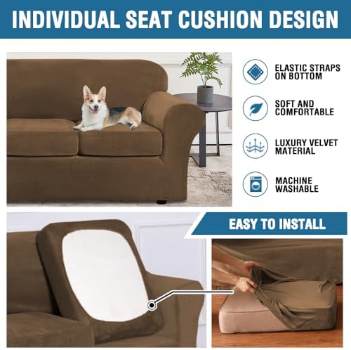 H.VERSAILTEX Real Velvet Plush 3 Piece Stretch Sofa Covers Couch Covers for 2 Cushion Couch Sofa Slipcovers Width Up to 90 Inch Feature Thick Soft Stay in Place (Sofa, Bronze Brown)