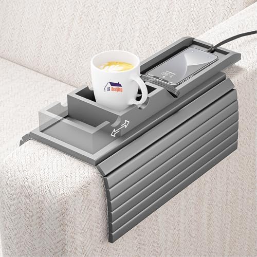 Bestjing Bamboo Couch Armrest Table with Detachable Cup Holder Tray (Gray)