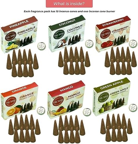 Trumiri Fruity Incense Cones - Variety Pack - Total 60 Cone Incense (6 Scents x 10 Conos) - Strawberry, Coconut, Pineapple, Apple, Mango, Orange - Cone Incense Scents - Insense Cones - Incent Cone