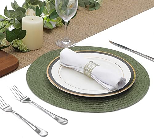 SHACOS Round Placemats Set of 4 Washable 15 inch Round Table Mats Cotton Polyester Woven Braided Place Mats for Dining Table Wedding Party Decor (Olive Green, 4)
