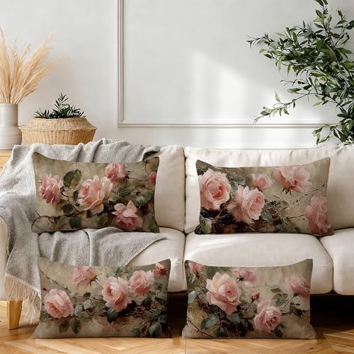 Vintage Pink Rose Floral Throw Pillow Covers Decor 12x20, Shabby Chic Rustic Cottagecore Decorative Rectangle Throw Pillow Covers, Gifts for Room Couch Double-Sided Set of 4
