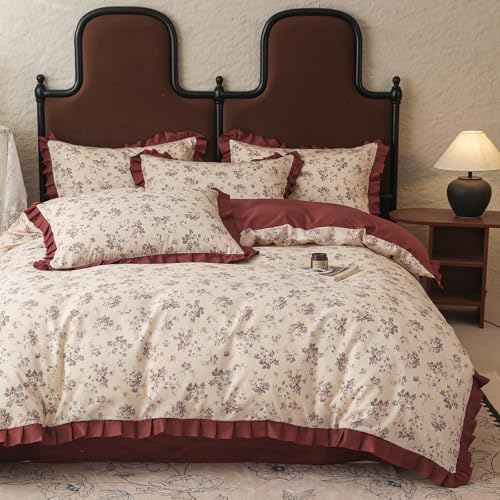 Girls Flower Duvet Cover Set 100% Cotton Queen(90"x90"),Ruffled Wine Red