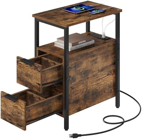 VASAGLE Side End Table with Charging Station, Slim Nightstand with Storage