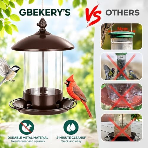 Gbekery Metal Bird Feeders for Outdoors Hanging, 360° Feeding Tray, Brown