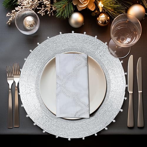 COTTON CRAFT Glitz Handmade Beaded Charger Placemat - 4 Pack - Silver Bells
