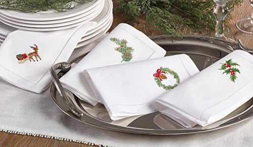 Handmade Pine Leaf Christmas Embroidery Napkin with Hemstitched Border (Set of 6)