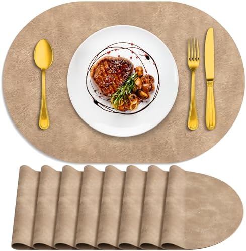 ADRIMER Oval Placemats Set of 8, Wipeable Faux Leather, Apricot
