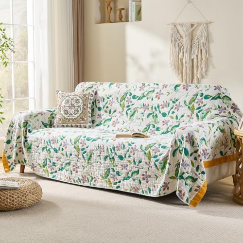 VANJOROY Boho Throw Blanket, 100% Organic Cotton Breathable Skin-Friendly Ultra Soft 50" x 60" Bed Quilt Throw - Floral Rustic Decor Luxury Reversible Blanket for Sofa Couch Chair and Gift,