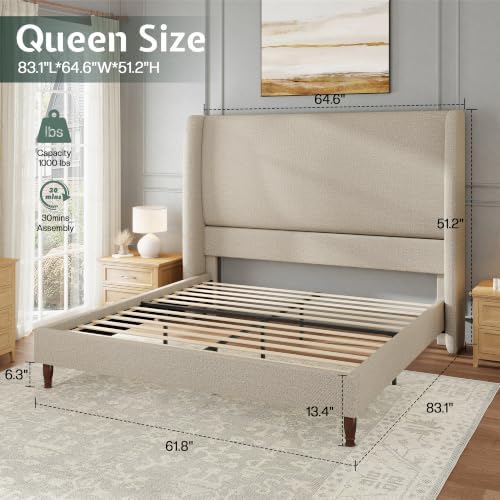 Jocisland Bed Frame Queen Size Tall Wingback Headboard Upholstered, Brown