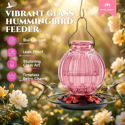 Glass Hummingbird Feeder for Outdoors Hanging, 26 fl oz Bird Nectar Feeder