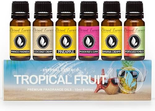 Eternal Essence Oils Tropical Fruit Set of 6 Premium Fragrance Oils - Includes Mango, Coconut Cream, Pineapple, Passion Fruit & Guava, Banana and Portuguese Pomelo Scented Oils - 10ML