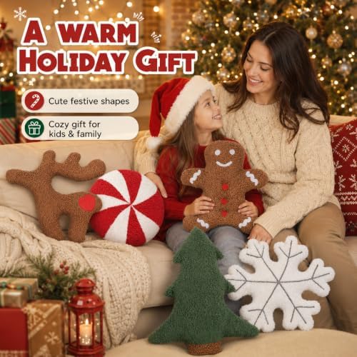 Cumule 5 Pcs Christmas Throw Pillows Cute Xmas Tree Candy Gingerbread Reindeer Snowflake Shaped Plush Pillow for Christmas Winter Holiday Party Outdoor Bedroom Cushion Decoration