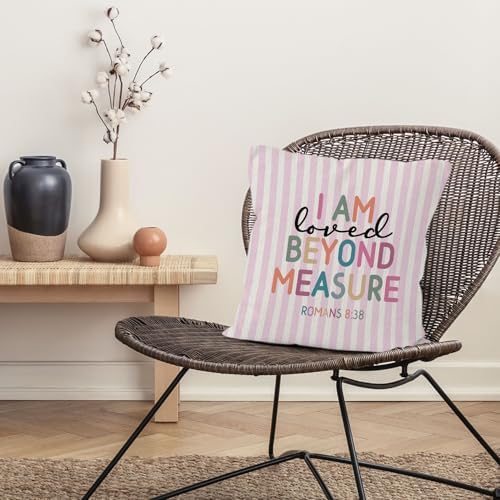 Boho Inspirational Christian Nursery Throw Pillow Cover 18x18, Religious Bible Verse Decorative Pillow Covers for Kids Girls Room Bedroom Playroom, Pink Striped Accent Pillows Cover Pillowcases