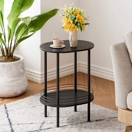 Small Oval Side Table with Storage, 2-Tier Black End Table for Small Space
