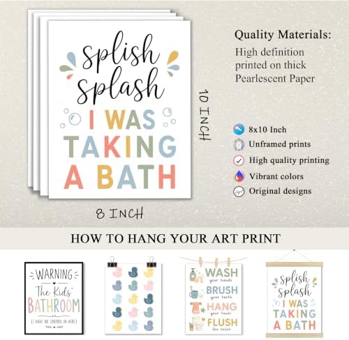 Noaleviax Boho Kids Bathroom Posters - Cute Rainbow Boho Duck Wall Art Pictures for Toddler Baby Kids Bathroom Wall Decor, 8x10 Unframed, Set of 4