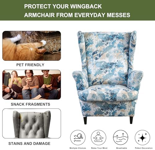 HAOYONG Wing Chair Slipcovers Printed Wingback Chair Covers 2 Pieces Wingback Armchair Slipcover Stretch Chair Slip Covers Washable Armchair Protector Cover for Living Room and Bedroom