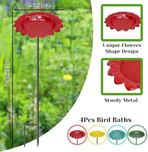 4 PCS Metal Bird Baths for Outdoors, Small Garden Bird Bath with Metal Stake, Hummingbird Feeder for Yard Lawn Decoration (4P-Red Yellow Blue Green)