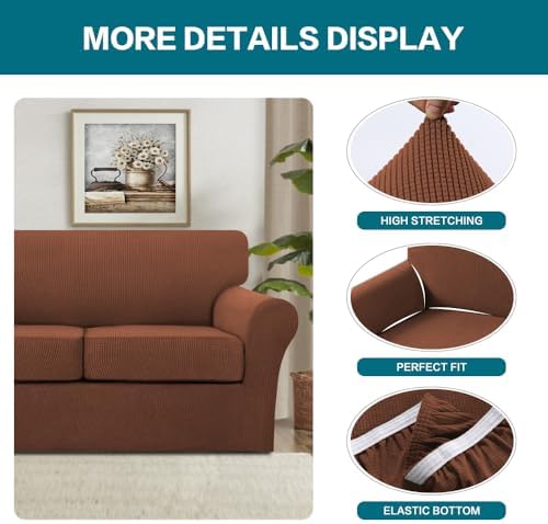 Turquoize 4 Piece Sofa Covers for 3 Cushion Couch Slipcover Soft Cover Dogs-Washable Furniture with Individual Covers,Feature Jacquard Fabric(3 Cushion Sofa, Caramel)