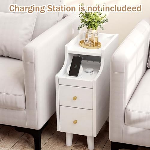 KOMFOTT Narrow Nightstand with Drawers, Solid Wood Bedside Table with Pull-Out Tray & 2 Storage Drawers, Slim Sofa End Table with Cable Management for Small Spaces, Bedroom (White,8" x 16" x 20",2)