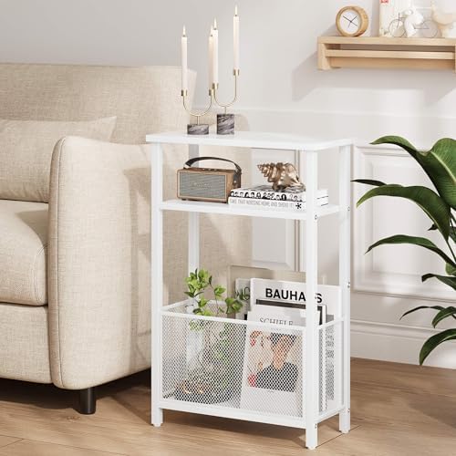 MMEOLUOOK Narrow Side Table with Storage Basket Skinny End Tables for Smalls Spaces 3 Tier Sofa Table Small Nightstand Slim Bedside Table for Living Room Bedroom White MLBZ22W