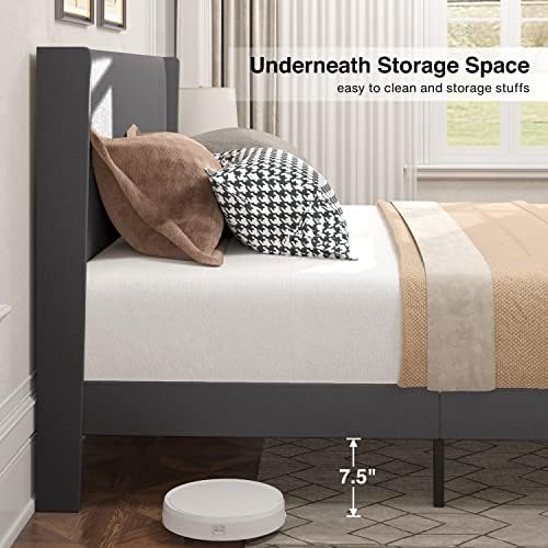 Gizoon Queen Bed Frame with Wingback Headboard, Upholstered Platform Bed