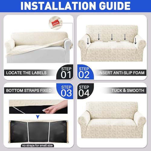 YEMYHOM 1 Piece Stretch Couch Covers for 3 Cushion Couch, Jacquard Sofa Cover with Non-Slip Elastic Bottom, Thickened Slipcover Furniture Protector for Dogs Pets (Large, Beige）
