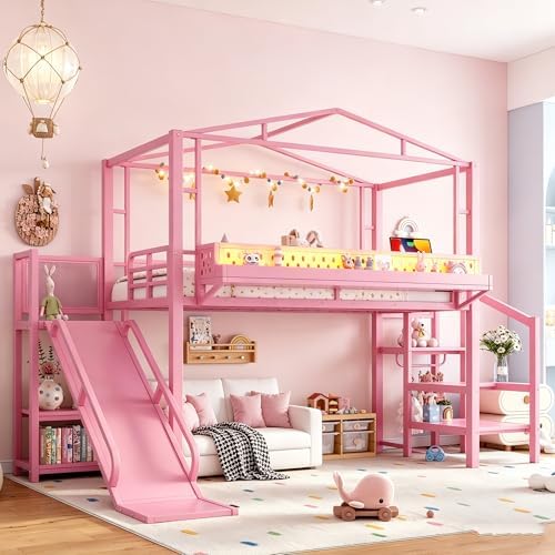 Bellemave Twin Size Metal House Loft Bed with Slide and Stairs,Heavy Duty Playhouse Loft Bed Frame with Shelves,LED Lights and Charging Station for Kids,Teens,Adults,Pink
