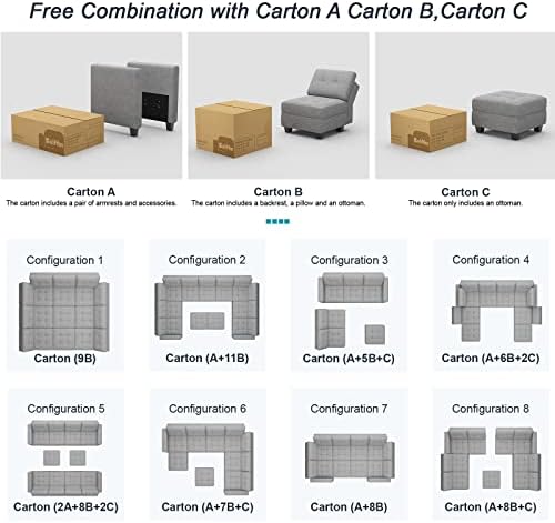 Belffin Middle Module Seat for Modular Sofa Sectional Couch with Storage Accent Armless Sofa Chair Modern Fabric Light Grey