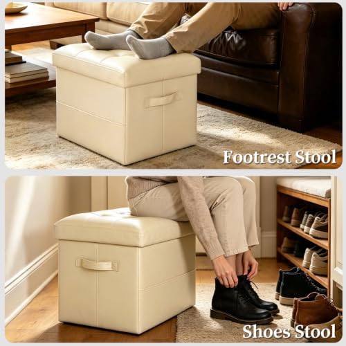 Storage Ottoman, Small Folding Leather Foot Rest Stool for Dorm, Beige