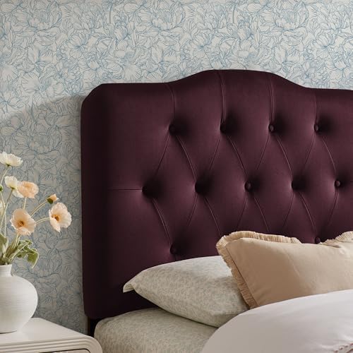 Modway Annabel Performance Velvet Adjustable Twin Headboard in Mulberry - Stain-Resistant Padded Headboard Only with Diamond Button Tufting and 7 Height-Adjustable Positions