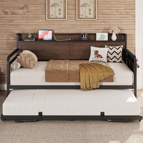 LIKIMIO Twin Daybed with Pop Up Trundle & Charging Station & Storage Shelf