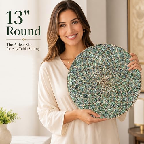 CLEENTABLE Round Beaded Placemat, Green & Gold