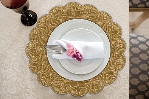 Lightnpro Decorative Beaded Placemats Set of 2 – 13 Inch Gold Round Scalloped Charger Mats, Elegant Handmade Artisan Gold Beaded Table Accessories Décor for Dining, Kitchen, Weddings & Parties