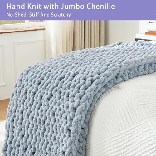 Bigacogo Chunky Knit Throw Blanket for Couch, 51x63 inches, Fog Blue